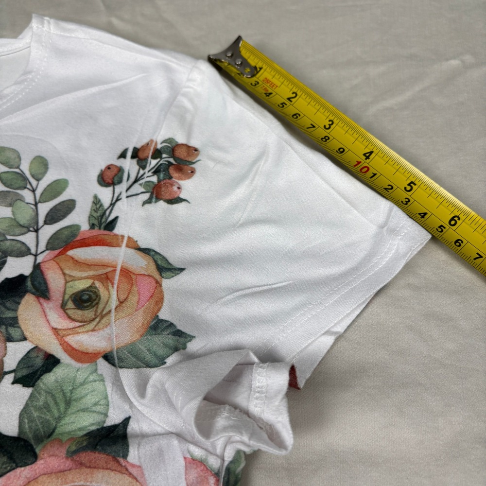 Dice Floral Tunic Top Women Medium Boho Roses Feather Print Short Sleeve - Picture 8 of 8